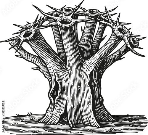 oak tree stump with thick branches and sharp pointed thorns in black and white engraving