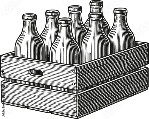 Wooden crate with glass bottles vintage ink drawing of empty container for liquids reusable packaging and storage concept