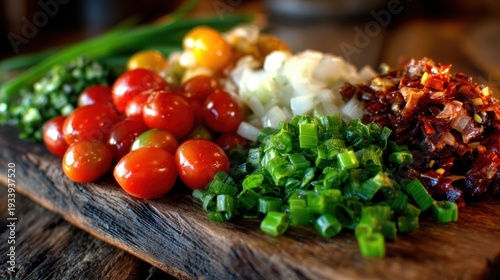Wallpaper Mural A colorful assortment of fresh vegetables laid out on a rustic wooden cutting board, showcasing vibrant colors and textures ideal for a healthy meal preparation. Torontodigital.ca