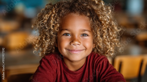 Wallpaper Mural A joyful child with curly hair sitting at a cafe table and smiling brightly, filled with innocence and happiness, portraying the pure joy of childhood in a warm, inviting environment. Torontodigital.ca