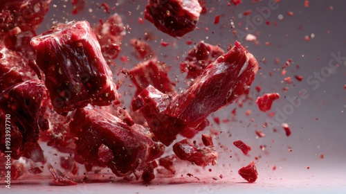 Wallpaper Mural This dynamic image features flying pieces of crushed red meat against a subtle gradient background, portraying the energy and raw essence of culinary preparations in an artistic way. Torontodigital.ca