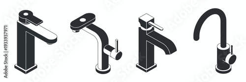 Sink tap collection modern isometric black silhouette vector