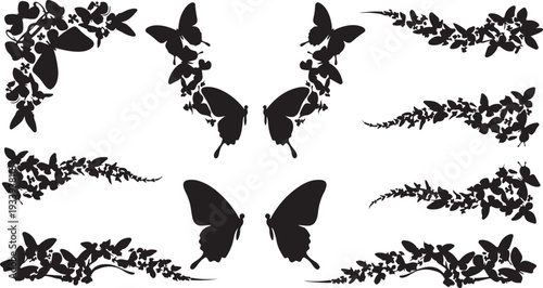 Butterfly Silhouettes with Floral Wreaths on White Background