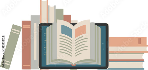 Digital Reading Concept Tablet Displaying Open Book Surrounded by Stacked Physical Books