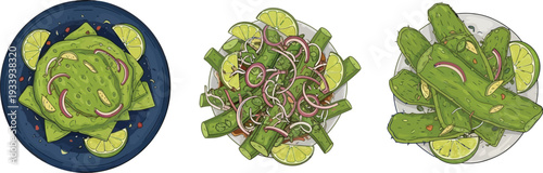 Cactus salad and nopales dishes collection with lime slices red onion rings and fresh green prickly pear paddle leaves