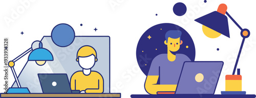 Late night work office concept vector illustration with desk lamp and computer equipment