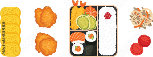 Bento box with sushi, fried shrimp, rice, and pickled vegetables flat art