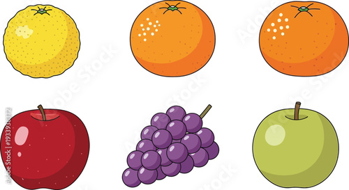 Collection of various popular fruits including yuzu, oranges, red apples, green apples, and grapes