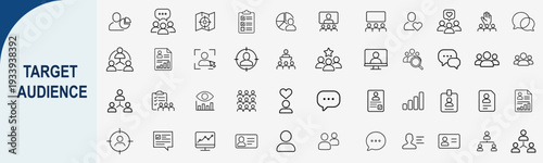 target audience and marketing communication icons, minimal outline vector set