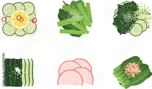 Fresh japanese side dishes and salads collection including cucumber sunomono radish pickles and seasoned leafy greens set
