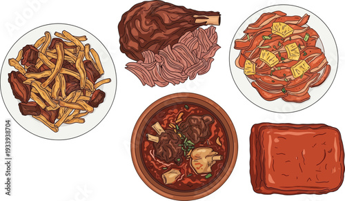 Meat dishes and latin american specialties featuring lomo saltado birria stew al pastor pork and crispy chicharron block