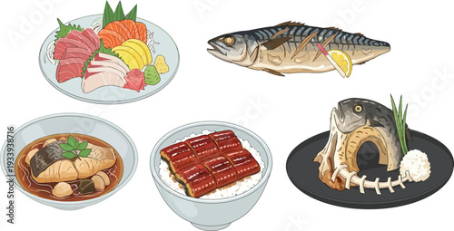 Japanese seafood dishes including sashimi, grilled fish and unagi on rice flat art