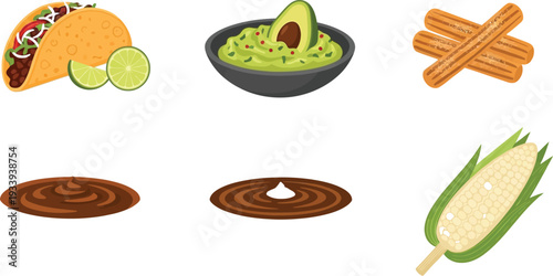 Mexican culinary delights including savory tacos, fresh guacamole, sweet churros, and corn on cob