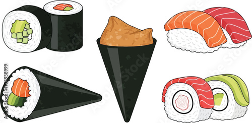Selection of diverse japanese sushi rolls and nigiri including maki, temaki, and salmon options
