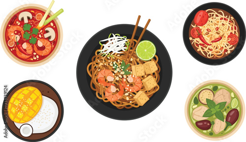 Thai food collection featuring tom yum goong pad thai mango sticky rice green curry and papaya salad top view illustration
