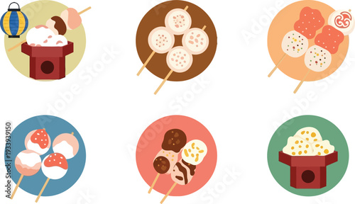 Traditional japanese dango and mochi desserts on colorful plates with skewers featuring various sweet rice ball flavors