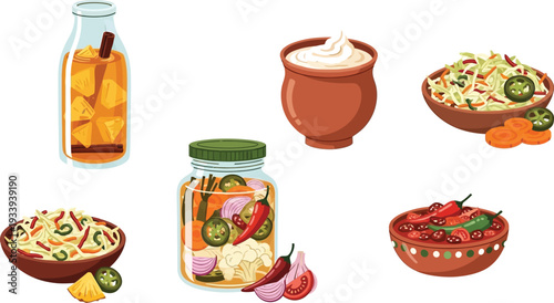 Traditional latin american condiments including tepache pineapple drink pickled vegetables curtido slaw and spicy salsa