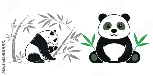 Panda bear eating bamboo in forest nature scene vector illustration black and white style