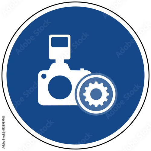 Kamera Foto Vektor Icon Symbol für Einstellungen Fotografie Fotokamera Konfiguration Menü blau rund