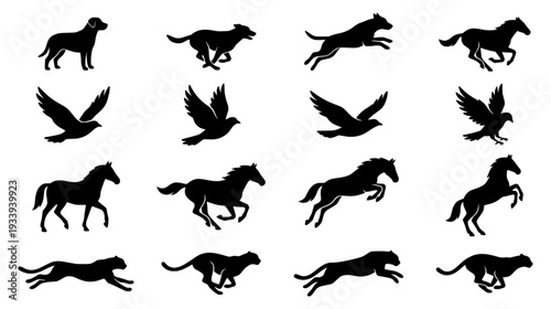 Minimalist black animal silhouettes set featuring running horses dogs birds and cheetahs in motion