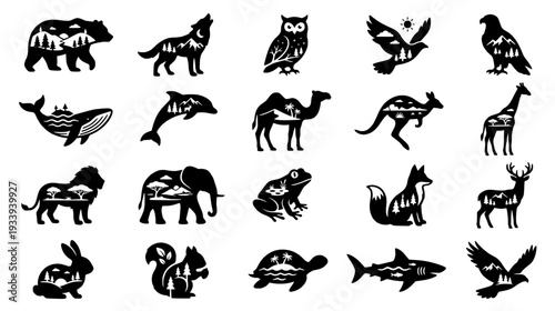 Set of twenty animal silhouettes with negative space nature landscapes and wildlife habitats inside