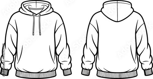Hooded sweatshirt fashion illustration, drawstring hood design, ribbed cuffs waistband, casual wear pullover style, technical flat sketch, vector CAD drawing