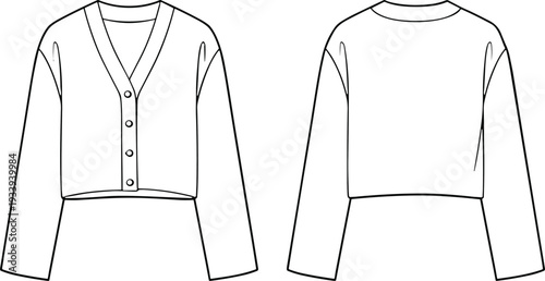 Cropped tops fashion illustration, V-neck button design, crew neck plain style, dropped shoulders, relaxed fit, casual wear, technical flat sketch, vector CAD drawing