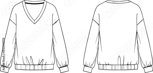 Pullover sweater fashion illustration, V-neck design, ribbed cuffs waistband, long sleeve relaxed fit, casual wear, technical flat sketch, vector CAD drawing