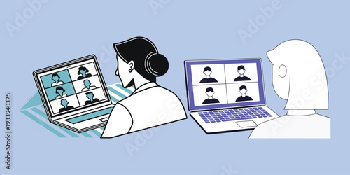 Video conference call online meeting with group of people vector illustration laptop screen