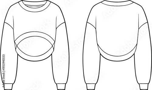 Cropped sweatshirt fashion illustration, curved seam design, oval chest detail, ribbed cuffs neckline waistband, casual wear, technical flat sketch, vector CAD drawing