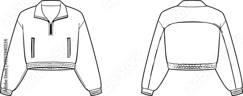 Cropped pullover jacket flat sketch, short zipper design, stand-up collar garment illustration, CAD apparel drawing, vector clothing template, technical fashion design
