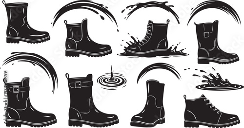 Collection of black boots with motion graphics and splashes
