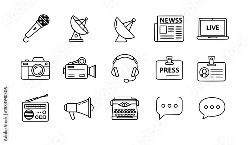 Media and Journalism Minimalist Black and White Vector Icon Set on White Background