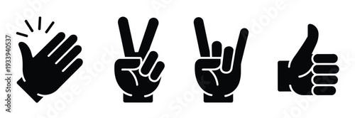 Hand gestures pack, featuring silhouette icons of clapping hands, peace sign, rock horns, and thumbs up symbols for communication and digital interface use.