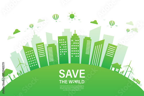 ecology and energy green city sustainable on earth banner background. save world and environment day concept. vector illustration flat design.