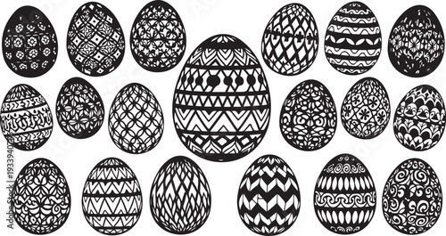 Collection of decorated Easter eggs with various patterns designs