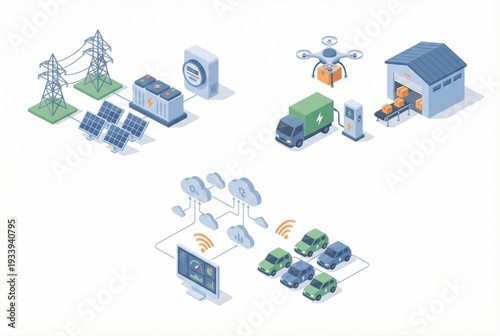 Innovative smart energy ecosystem showcasing solar panels, electric vehicles, battery storage, grid technology enhancing sustainable transport solutions