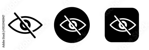 Eye with slash icon set in circle and square UI buttons. Hide password, visibility off and privacy toggle symbols for app interface, login forms and web security settings