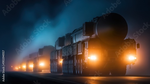 A line of heavy trucks illuminated by foggy night lights on a dark highway
