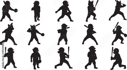 Baseball players in various poses and actions silhouettes set