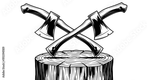Crossed axes on a wooden stump illustration black and white design.