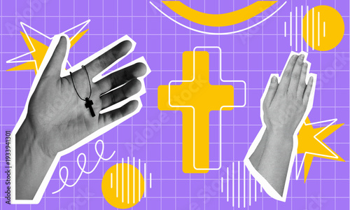 Christian halftone collage with folded in prayer hands, palm holding a christian cross and abstract elements. Vector christian elements isolated on purple bright background