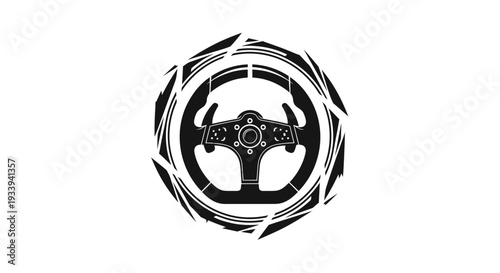 Monochrome vector illustration of a racing steering wheel emblem.