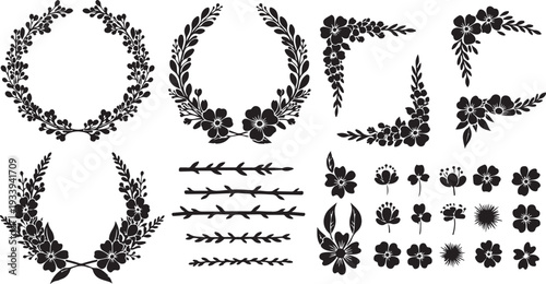 Floral Wreath and Leaf Illustrations for Design and Decoration