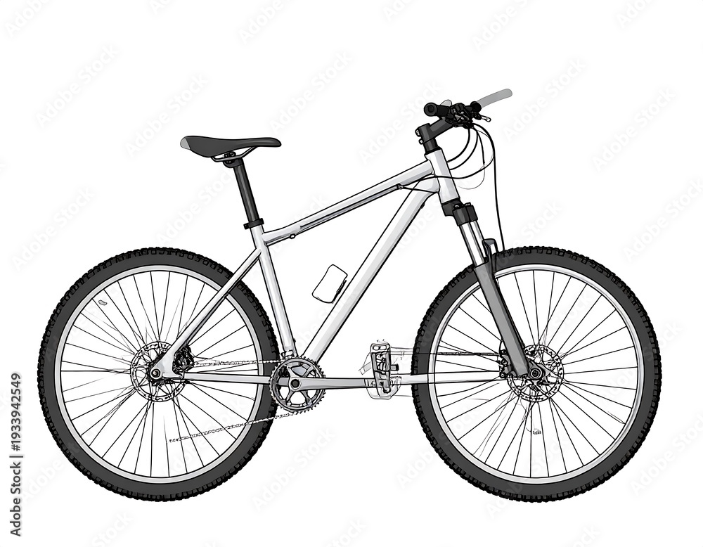 Obraz premium Side view illustration of a mountain bike with detailed components, suitable for design and learning