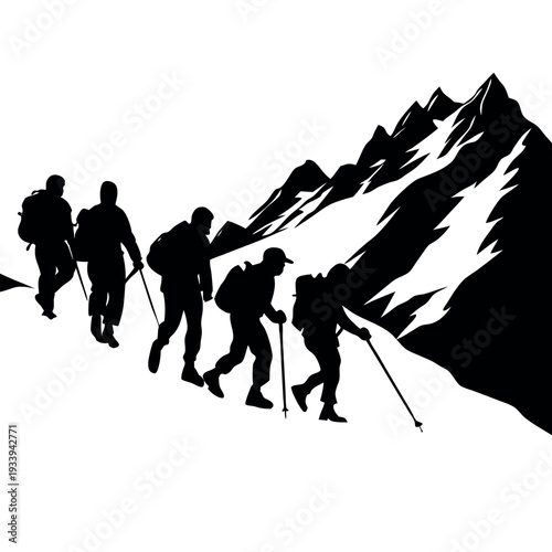 A silhouette of a group of trekkers walking  