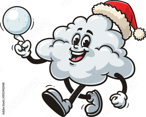 Cartoon cloud mascot playing snowballs and wearing a Christmas hat