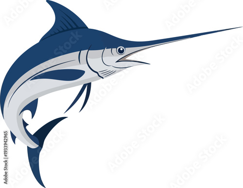 Marlin fish leaps from the water with its long bill extended toward the sky.
