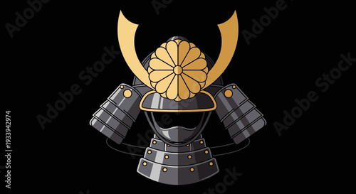 Samurai Helmet with Chrysanthemum Crest on Black Background