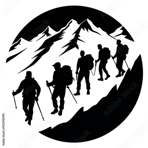 A silhouette of a group of trekkers walking  